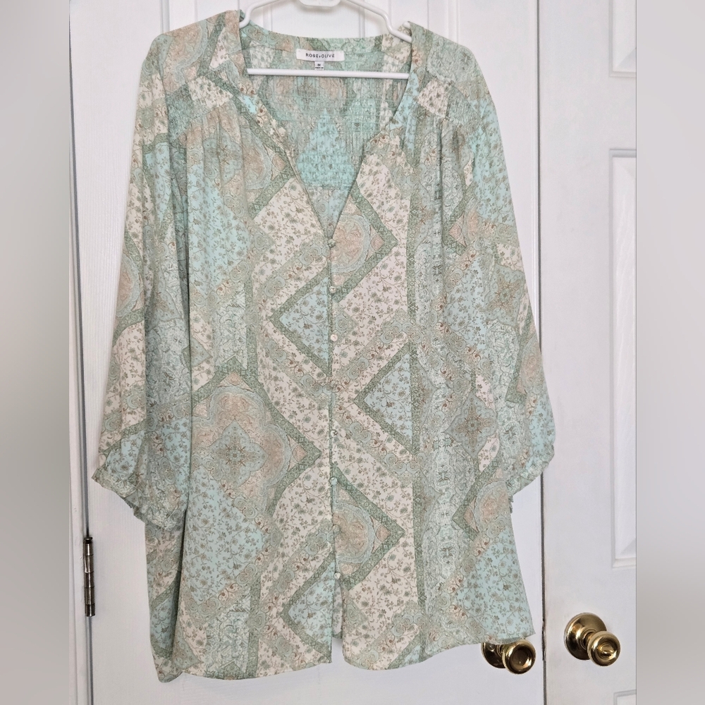 Rose & Olive Mint Green Cream Paisley Florak Button Front Blouse Size 3X